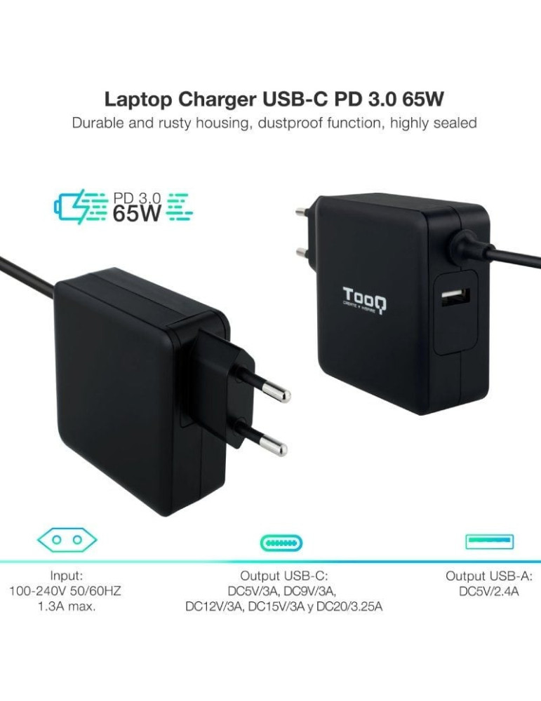 Cargador de Portátil TooQ TQLC-USBC65PD USB Tipo-C/ 1xUSB/ 65W/ Automático/ Voltaje 5-20V
