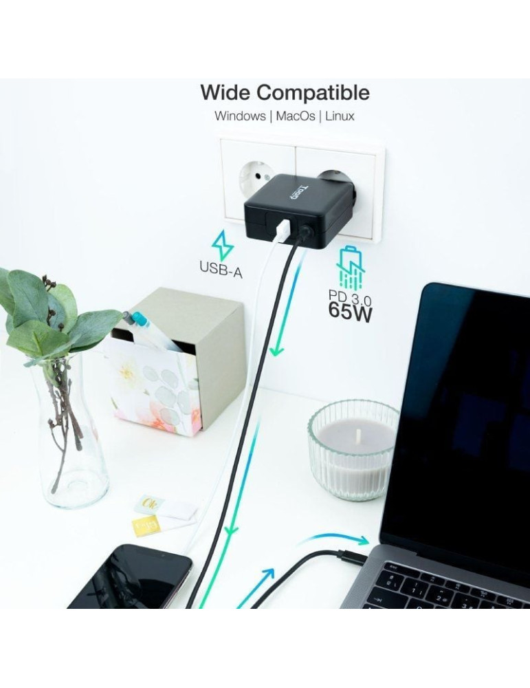 Cargador de Portátil TooQ TQLC-USBC65PD USB Tipo-C/ 1xUSB/ 65W/ Automático/ Voltaje 5-20V
