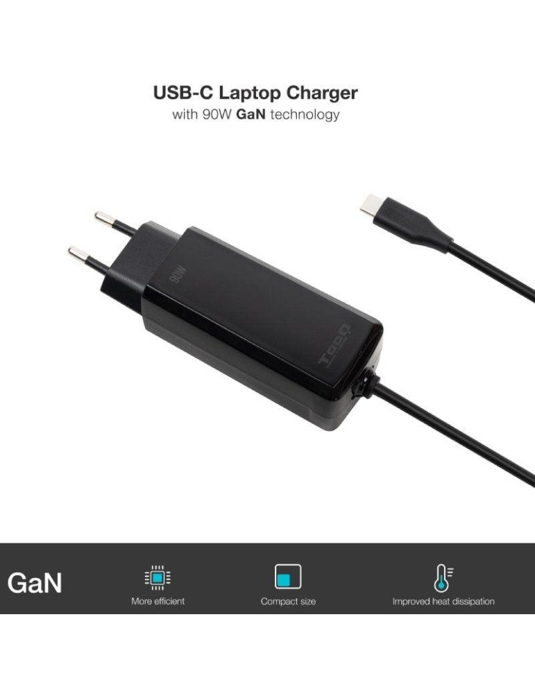 Cargador de Portátil GaN TooQ TQLC-USBCGAN90PD-C/ 1xUSB Tipo-C/ 90W/ Automático/ Voltaje 5-20V