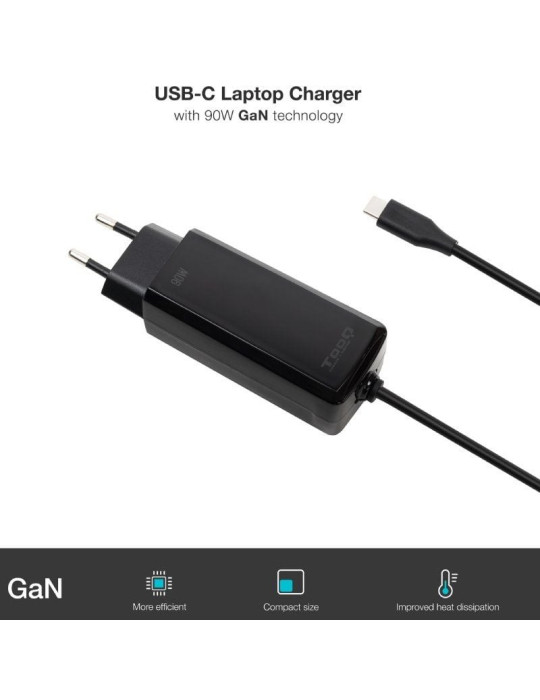 Cargador de Portátil GaN TooQ TQLC-USBCGAN90PD-C/ 1xUSB Tipo-C/ 90W/ Automático/ Voltaje 5-20V