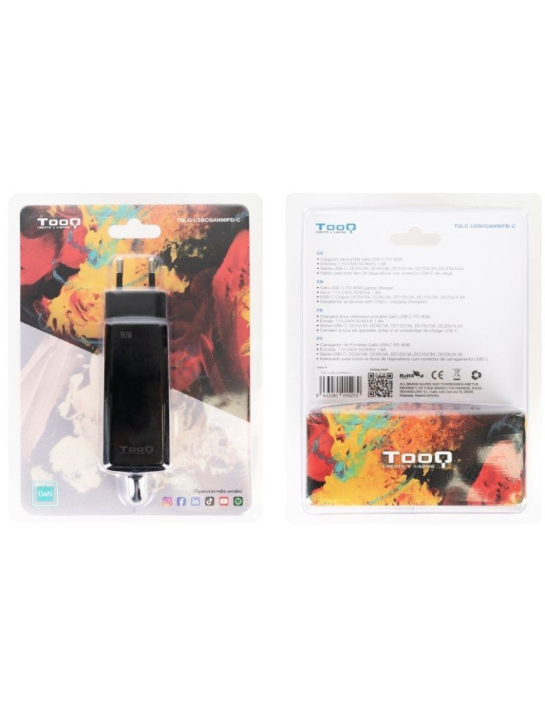 Cargador de Portátil GaN TooQ TQLC-USBCGAN90PD-C/ 1xUSB Tipo-C/ 90W/ Automático/ Voltaje 5-20V