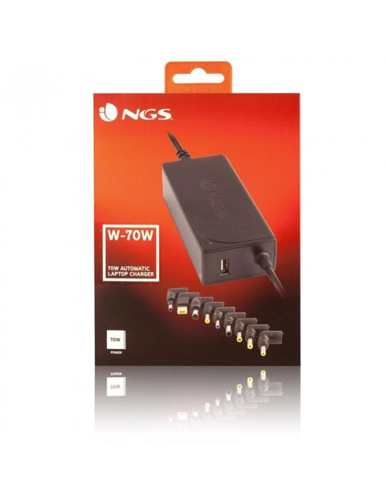 Cargador de Portátil NGS W-70W/ 1xUSB/ 70W/ Automático/ 9 Conectores/ Voltaje 18.5-20V