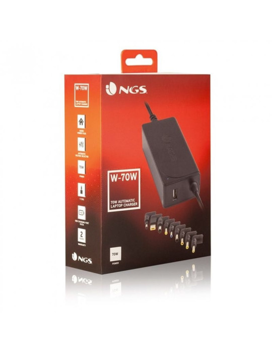 Cargador de Portátil NGS W-70W/ 1xUSB/ 70W/ Automático/ 9 Conectores/ Voltaje 18.5-20V