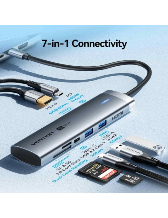 Docking USB Tipo-C Vention TPSHB/ 1xHDMI 4K/ 2xUSB/ 2xUSB Tipo-C/ 1xRJ45/ 1xUSB Tipo-C PD/ 1xLector Tarjetas/ Gris