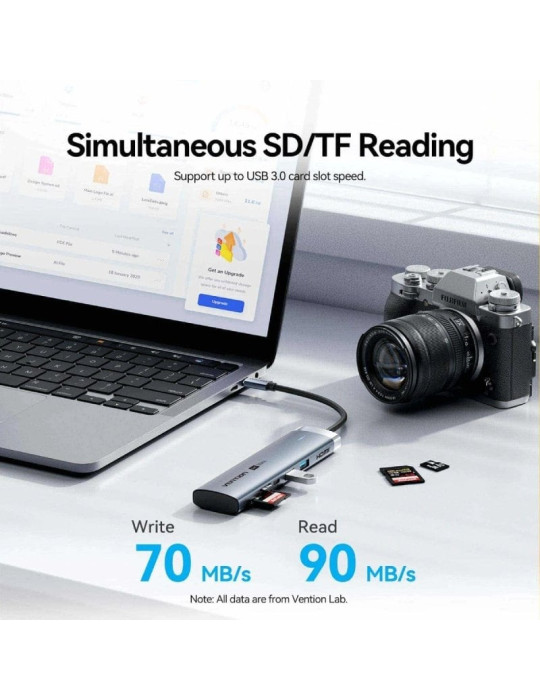 Docking USB Tipo-C Vention TPSHB/ 1xHDMI 4K/ 2xUSB/ 2xUSB Tipo-C/ 1xRJ45/ 1xUSB Tipo-C PD/ 1xLector Tarjetas/ Gris
