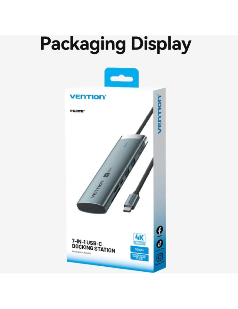 Docking USB Tipo-C Vention TPSHB/ 1xHDMI 4K/ 2xUSB/ 2xUSB Tipo-C/ 1xRJ45/ 1xUSB Tipo-C PD/ 1xLector Tarjetas/ Gris