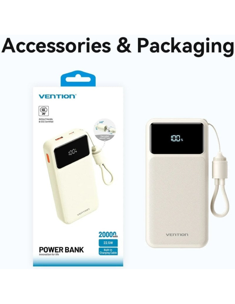 Powerbank 20000mAh Vention XGYW0-40-TY/ 22.5W/ Blanca/ Incluye Cable USB Tipo-C