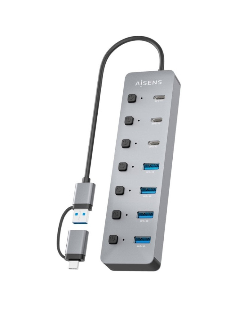 Hub USB Tipo-C + USB 3.1 Aisens ASUC-8P043-GR/ 4xUSB/ 3xUSB Tipo-C/ 1xUSB Tipo-C PD/ Gris