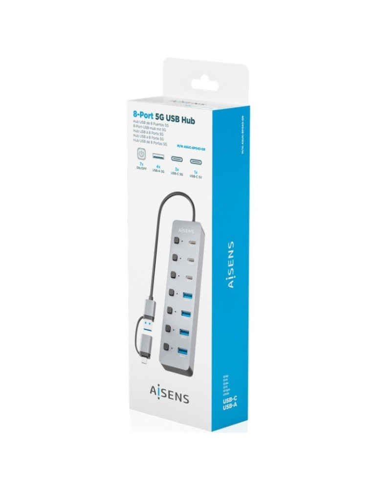 Hub USB Tipo-C + USB 3.1 Aisens ASUC-8P043-GR/ 4xUSB/ 3xUSB Tipo-C/ 1xUSB Tipo-C PD/ Gris