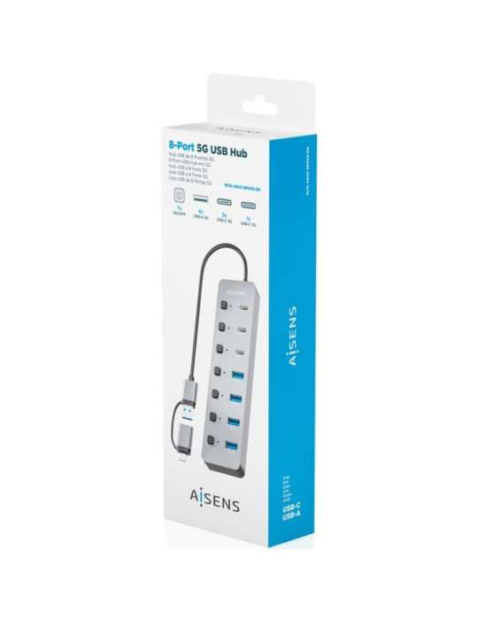 Hub USB Tipo-C + USB 3.1 Aisens ASUC-8P043-GR/ 4xUSB/ 3xUSB Tipo-C/ 1xUSB Tipo-C PD/ Gris