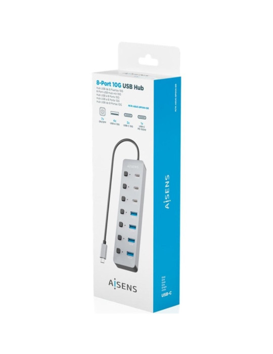 Hub USB Tipo-C 3.2 Aisens ASUC-8P044-GR/ 4xUSB/ 3xUSB Tipo-C/ 1xUSB Tipo-C PD/ Gris
