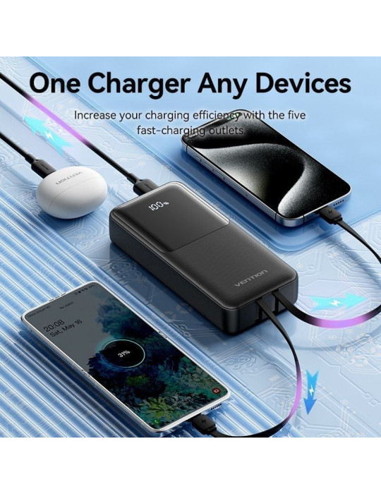 Powerbank 20000mAh Vention FHPB0/ 22.5W/ Negra/ Incluye Cable USB Tipo-C y Lightning