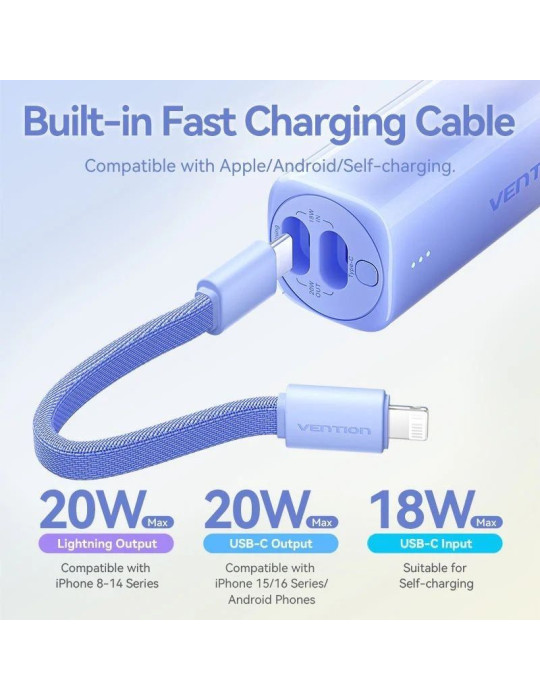 Powerbank 5000mAh Vention FHWM0/ 20W/ Gris/ Incluye Cable USB Tipo-C y Lightning