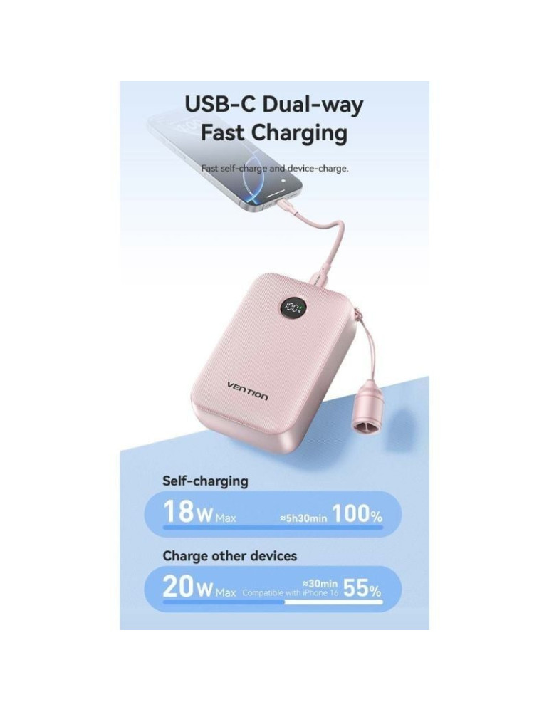 Powerbank 20000mAh Vention FKBL0-C/ 22.5W/ Azul/ Incluye Cable USB Tipo-C