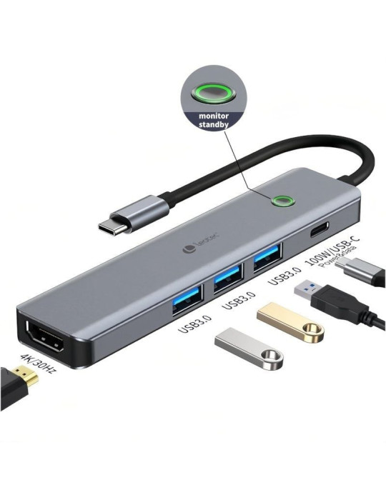Docking USB Tipo-C Leotec LEDS05/ 3xUSB/ 1xUSB Tipo-C PD/ 1xHDMI 4K/ Gris
