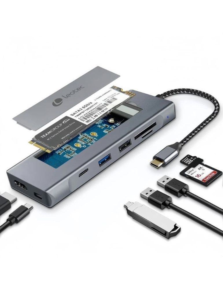 Docking/Caja Externa USB Tipo-C Leotec LEDS07/ Ranura SSD M.2/ 2xUSB/ 1xUSB Tipo-C/ 1xHDMI 4K/ 1xLector Tarjetas SD y MicroSD/ 1