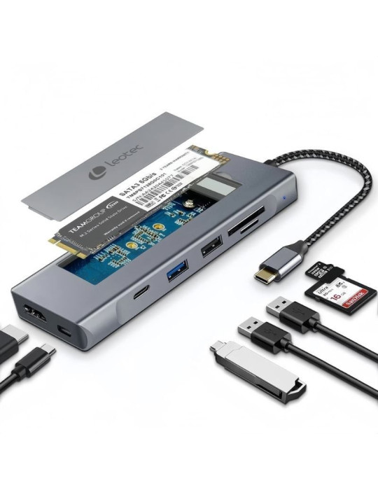 Docking/Caja Externa USB Tipo-C Leotec LEDS07/ Ranura SSD M.2/ 2xUSB/ 1xUSB Tipo-C/ 1xHDMI 4K/ 1xLector Tarjetas SD y MicroSD/ 1