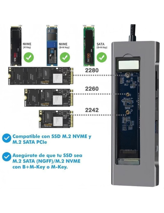 Docking/Caja Externa USB Tipo-C Leotec LEDS07/ Ranura SSD M.2/ 2xUSB/ 1xUSB Tipo-C/ 1xHDMI 4K/ 1xLector Tarjetas SD y MicroSD/ 1