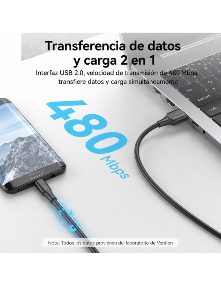 Cable USB 2.0 Vention CTIBC/ USB Macho - MicroUSB Macho/ Hasta 60W/ 480Mbps/ 25cm/ Negro