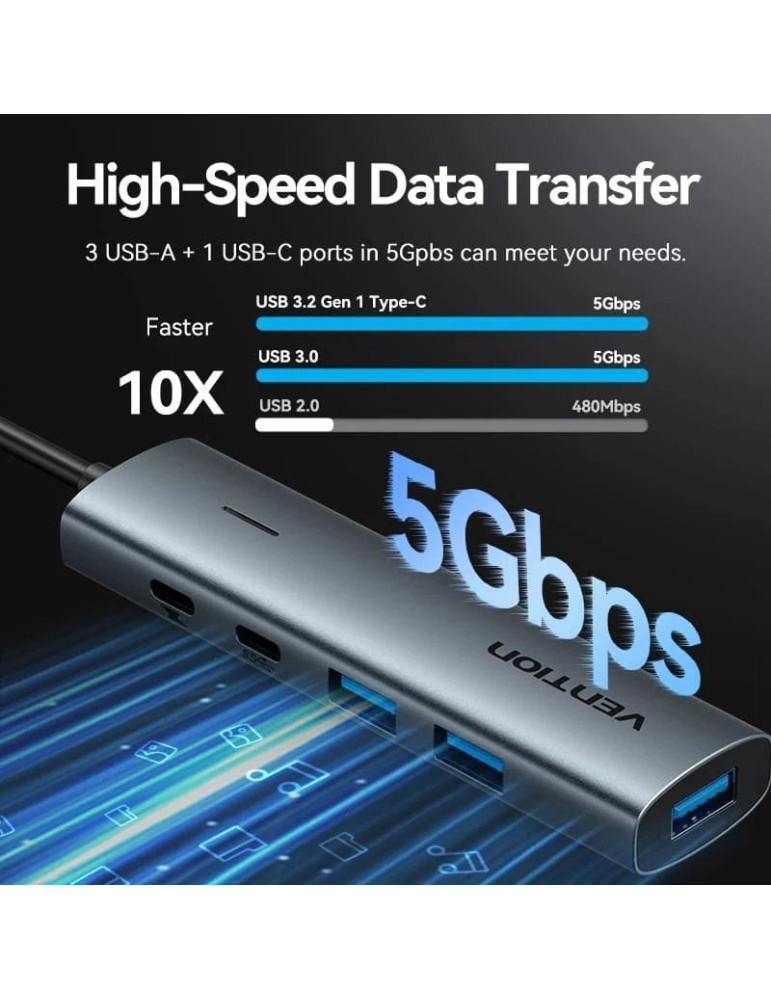 Hub USB 3.0 Vention TGXHB/ 1xUSB Tipo-C/ 3xUSB/ 1xUSB Tipo-C PD/ Gris