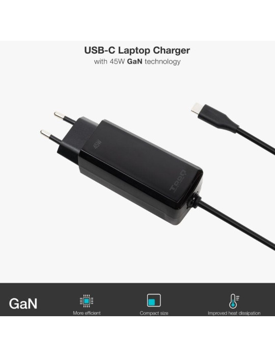 Cargador de Portátil GaN TooQ TQLC-USBCGAN45PD-C USB Tipo-C/ 45W/ Automático/ Voltaje 5-20V