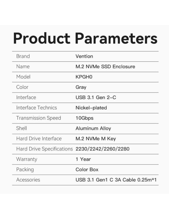 Caja Externa para Disco SSD M.2 NVMe Vention USB Tipo-C  KPGH0/ USB 3.1/ Sin tornillos