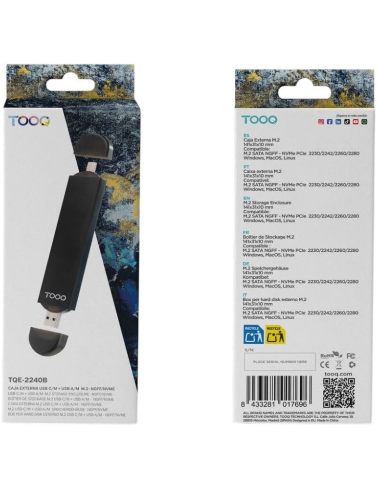 Caja Externa para Disco SSD M.2 NVMe TooQ TQE-2240B/ USB 3.0/ USB Tipo-C 3.2 Gen2
