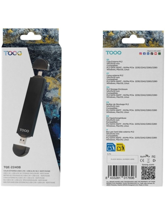 Caja Externa para Disco SSD M.2 NVMe TooQ TQE-2240B/ USB 3.0/ USB Tipo-C 3.2 Gen2