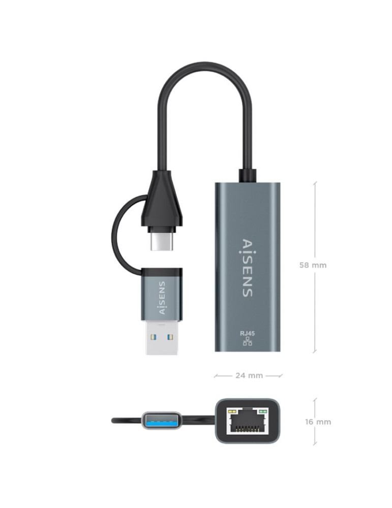 Adaptador USB + USB Tipo-C 3.2 - RJ45 Aisens A109-1032/ 1000Mbps