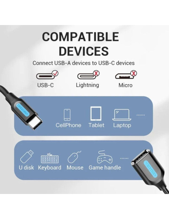 Cable USB 2.0 Tipo-C Vention CCSBB/ USB Tipo-C Macho - USB Hembra/ 15cm/ 480Mbps/ Negro