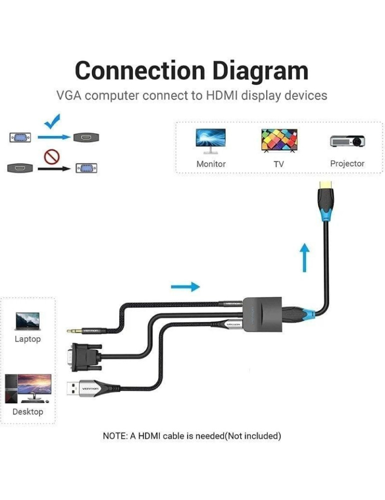 Cable Conversor Vention ACNBF/ VGA Macho - HDMI Hembra/ 1m/ Negro