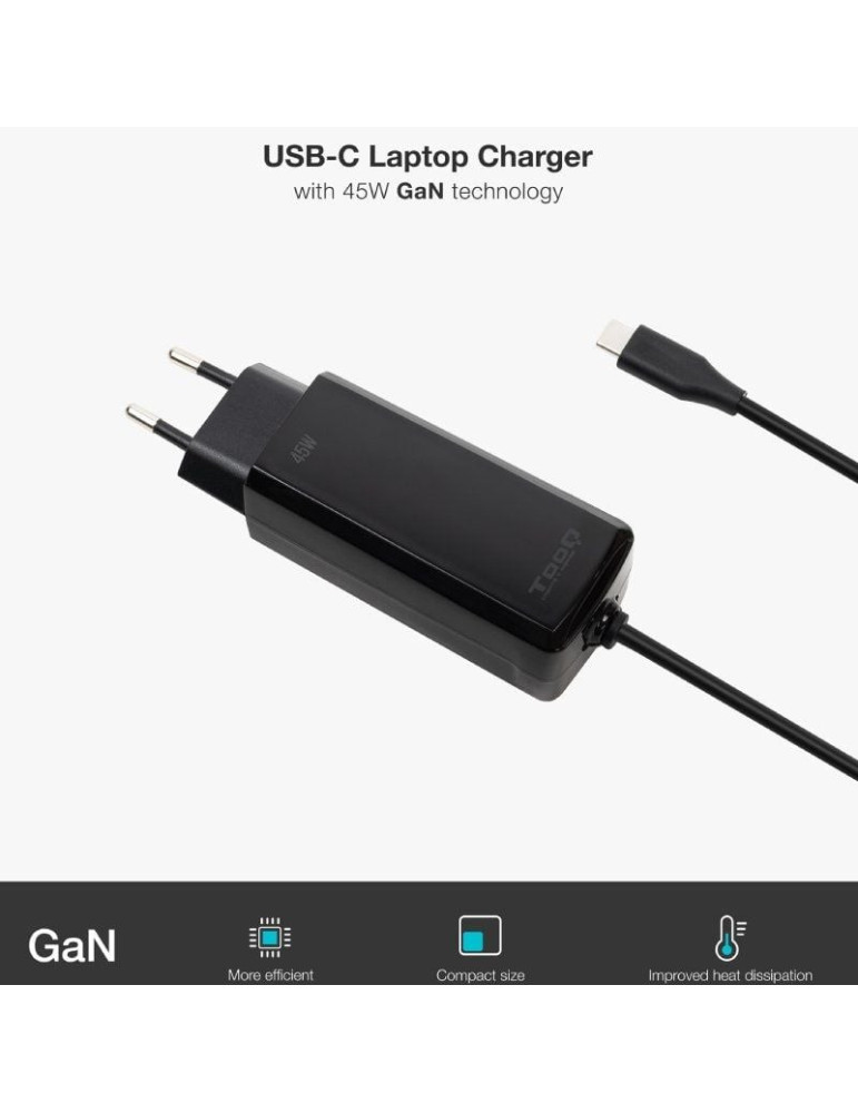 Cargador de Portátil GaN TooQ TQLC-USBCGAN45PD-C USB Tipo-C/ 45W/ Automático/ Voltaje 5-20V
