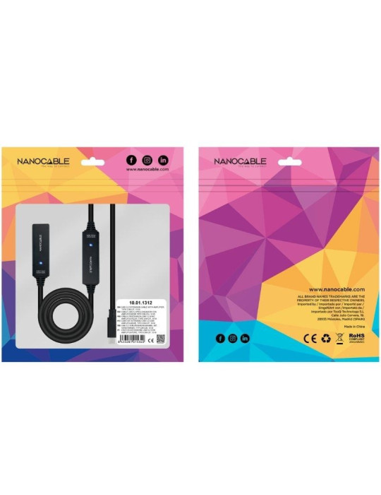 Cable Alargador USB Tipo-C 3.2 con Amplificador Nanocable 10.01.1312/ USB Tipo-C Macho - USB Tipo-C Hembra/ 10m/ Negro