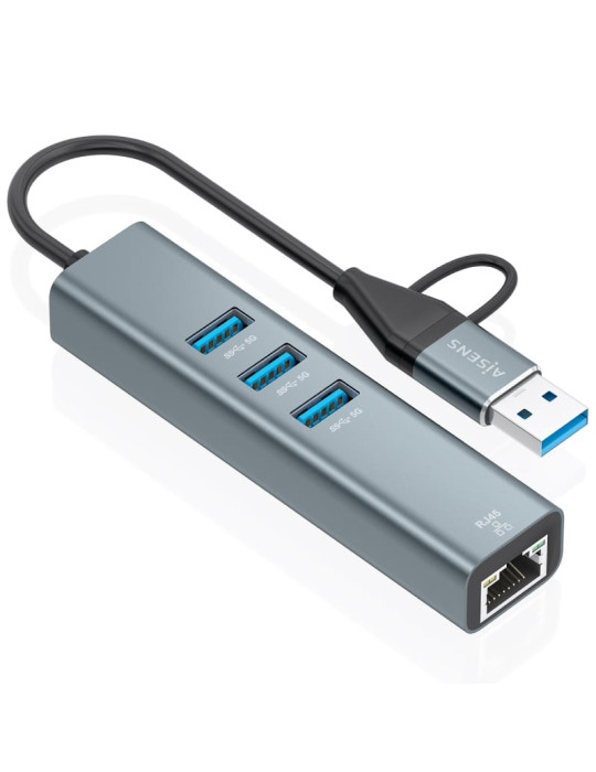 Hub USB + USB Tipo-C 3.2 Aisens A109-1033/ 3xUSB/ 1xRJ45/ Gris