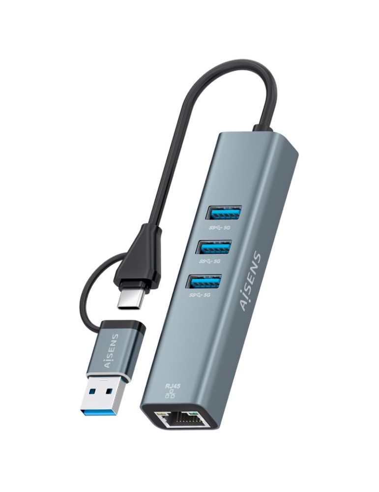 Hub USB + USB Tipo-C 3.2 Aisens A109-1033/ 3xUSB/ 1xRJ45/ Gris