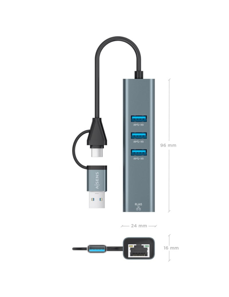 Hub USB + USB Tipo-C 3.2 Aisens A109-1033/ 3xUSB/ 1xRJ45/ Gris