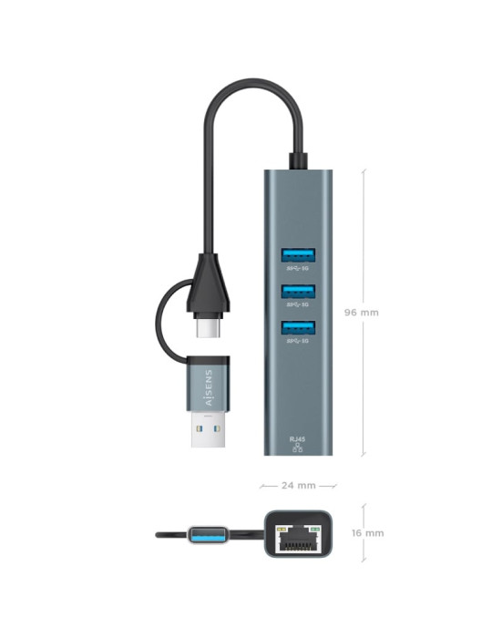 Hub USB + USB Tipo-C 3.2 Aisens A109-1033/ 3xUSB/ 1xRJ45/ Gris