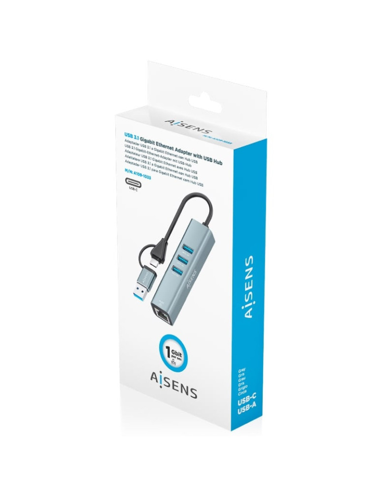 Hub USB + USB Tipo-C 3.2 Aisens A109-1033/ 3xUSB/ 1xRJ45/ Gris