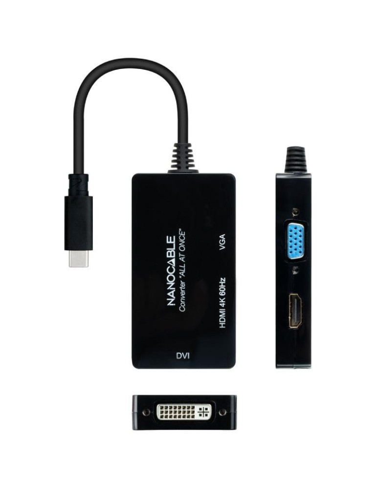 Conversor Nanocable 10.16.4301-ALL/ USB Tipo-C Macho - HDMI Hembra - DVI-I Hembra - VGA Hembra/ 20cm/ Negro