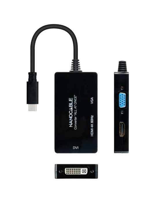 Conversor Nanocable 10.16.4301-ALL/ USB Tipo-C Macho - HDMI Hembra - DVI-I Hembra - VGA Hembra/ 20cm/ Negro