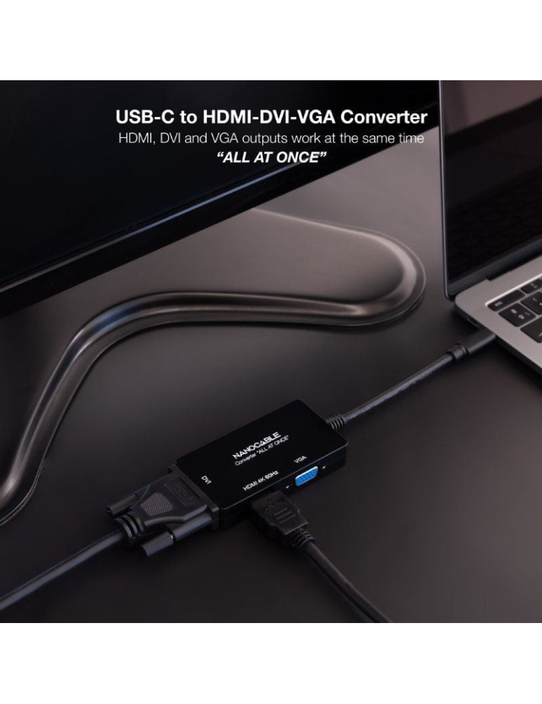 Conversor Nanocable 10.16.4301-ALL/ USB Tipo-C Macho - HDMI Hembra - DVI-I Hembra - VGA Hembra/ 20cm/ Negro