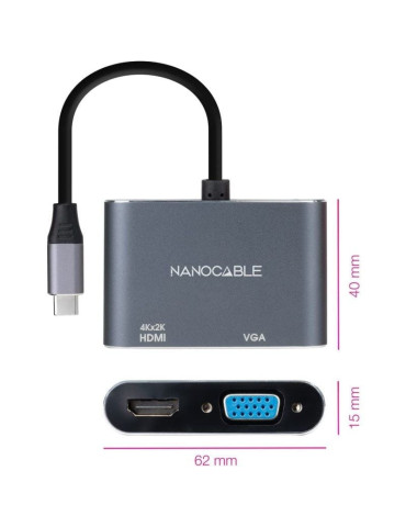 Conversor Nanocable 10.16.4303/ USB Tipo-C Macho/ HDMI Hembra - VGA Hembra/ 15cm/ Gris 2