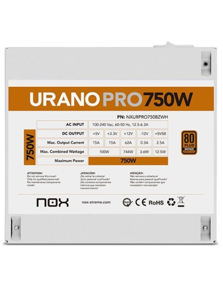 Fuente de Alimentación Nox Hummer Urano Pro White/ 750W/ Ventilador 12cm/ 80 Plus Bronze/ Blanca