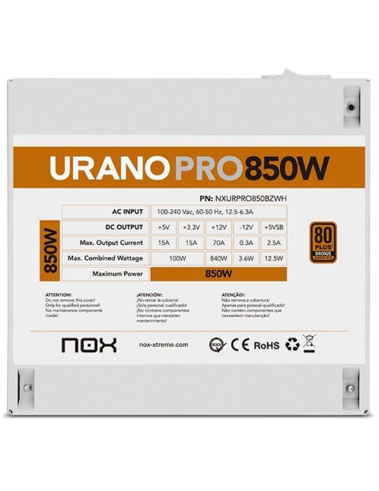 Fuente de Alimentación Nox Hummer Urano Pro White/ 850W/ Ventilador 12cm/ 80 Plus Bronze