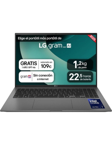 Portátil LG Gram 16ZD90T-G.AX78B Intel Core Ultra 7-255H/ 16GB/ 1TB SSD/ 16"/ Sin Sistema Operativo