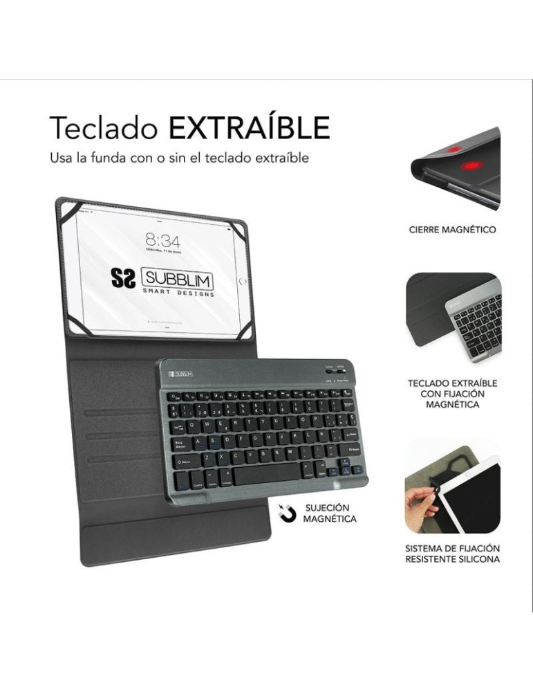 Funda con Teclado Subblim Keytab Pro Bluetooth para Tablets de 9.6"-10.8"/ Gris