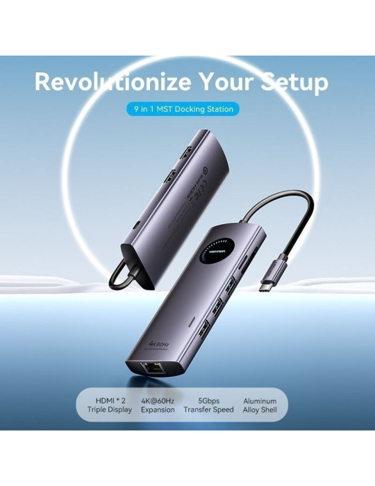 Docking USB Tipo-C Vention TQVHB/ 2xHDMI 4K/ 3xUSB/ 1xRJ45/ 1xLector de Tarjetas/ 1xUSB Tipo-C PD/ Gris