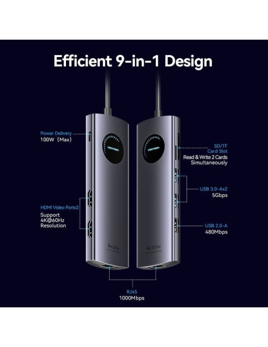 Docking USB Tipo-C Vention TQVHB/ 2xHDMI 4K/ 3xUSB/ 1xRJ45/ 1xLector de Tarjetas/ 1xUSB Tipo-C PD/ Gris