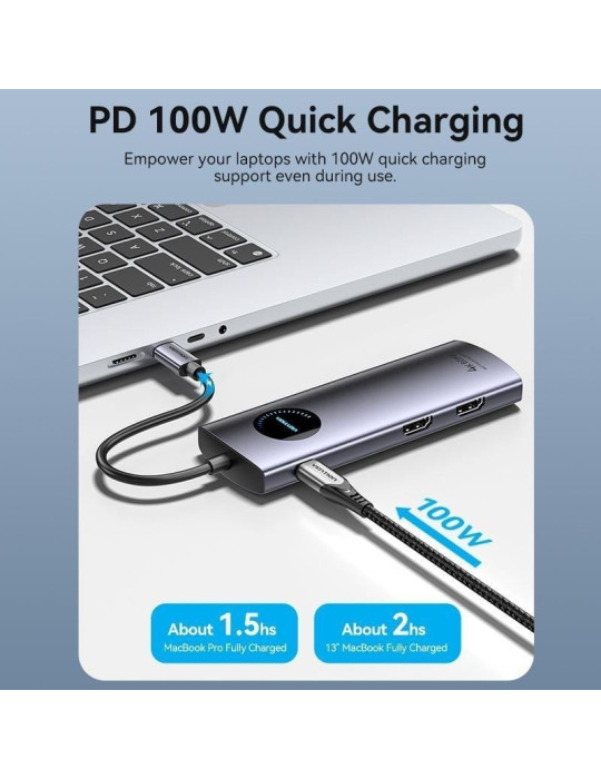 Docking USB Tipo-C Vention TQVHB/ 2xHDMI 4K/ 3xUSB/ 1xRJ45/ 1xLector de Tarjetas/ 1xUSB Tipo-C PD/ Gris