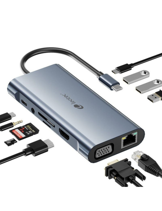Docking USB Tipo-C Leotec LEDS01/ 3xUSB/ 2xUSB Tipo-C/ 1xUSB Tipo-C PD/ 1xHDMI 4K/ 1xVGA/ 1xRJ45/ 1xAudio/ 1xLector Tarjetas SD